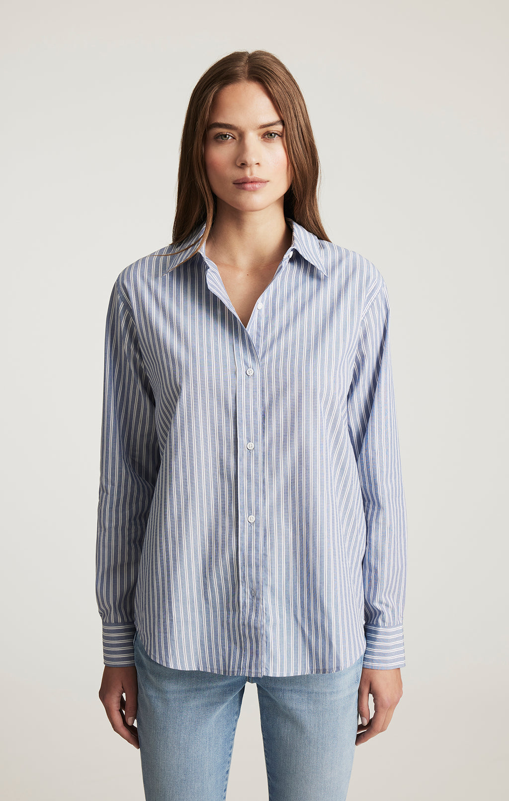 LONG SLEEVE BUTTON-UP SHIRT IN INDIGO BLUE STRIPE