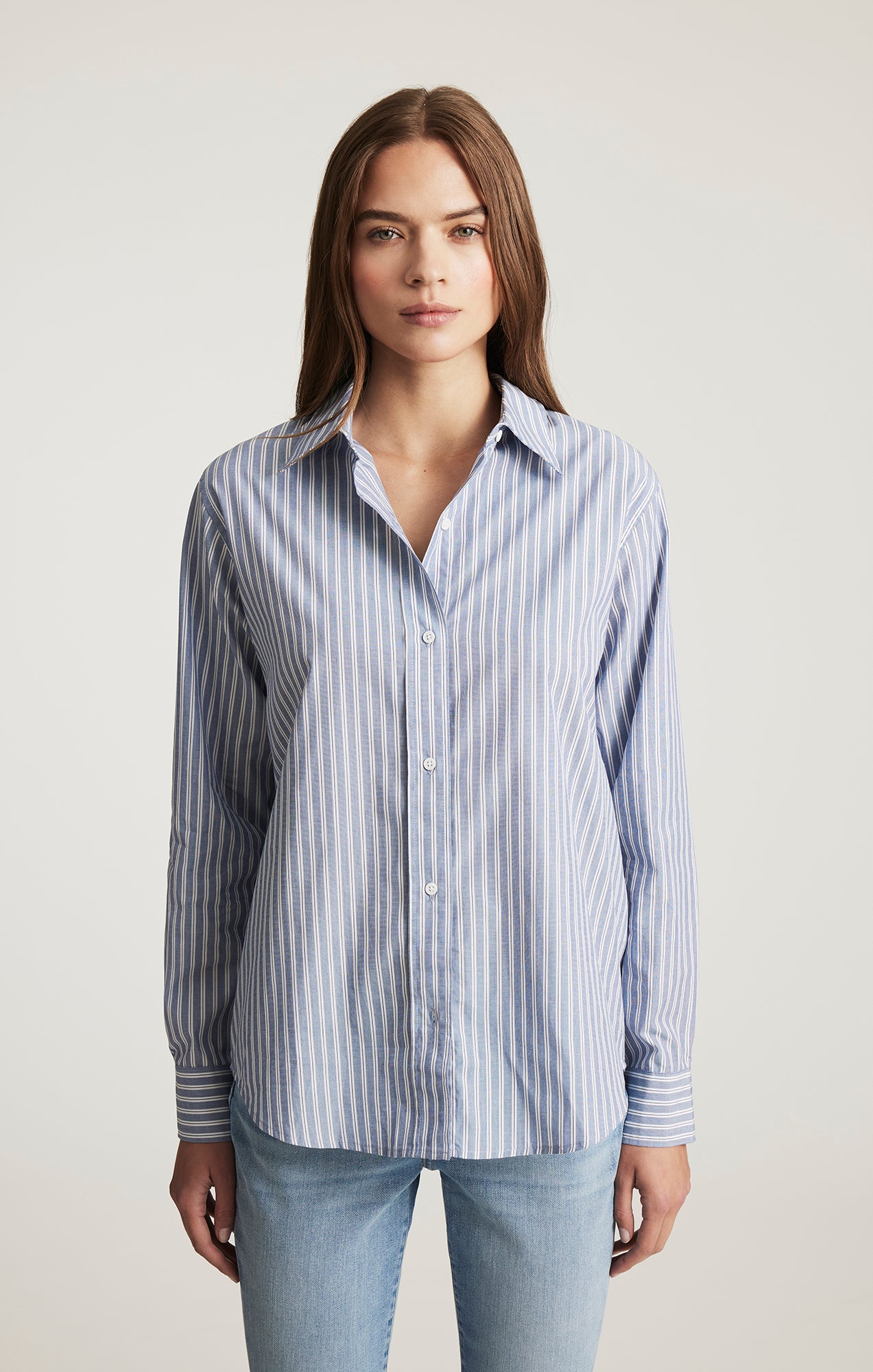 LONG SLEEVE BUTTON-UP SHIRT IN INDIGO BLUE STRIPE
