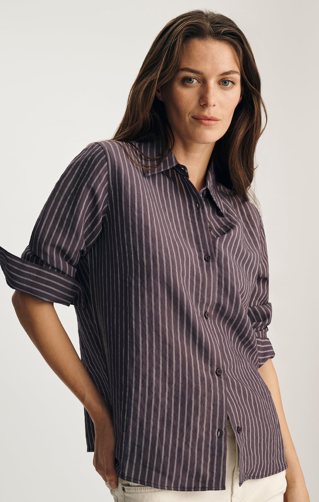 LUXE TOUCH TENCEL™ BUTTON-UP SHIRT IN SWEET GRAPE STRIPE