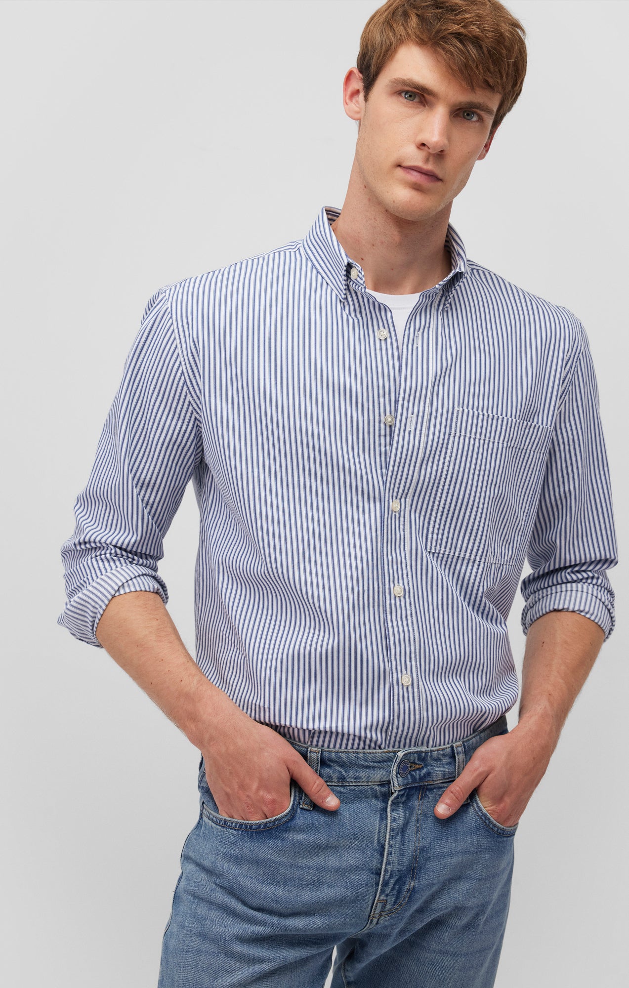 STRIPED BUTTON-UP LONG SLEEVE SHIRT IN TRUE BLUE - Mavi Jeans