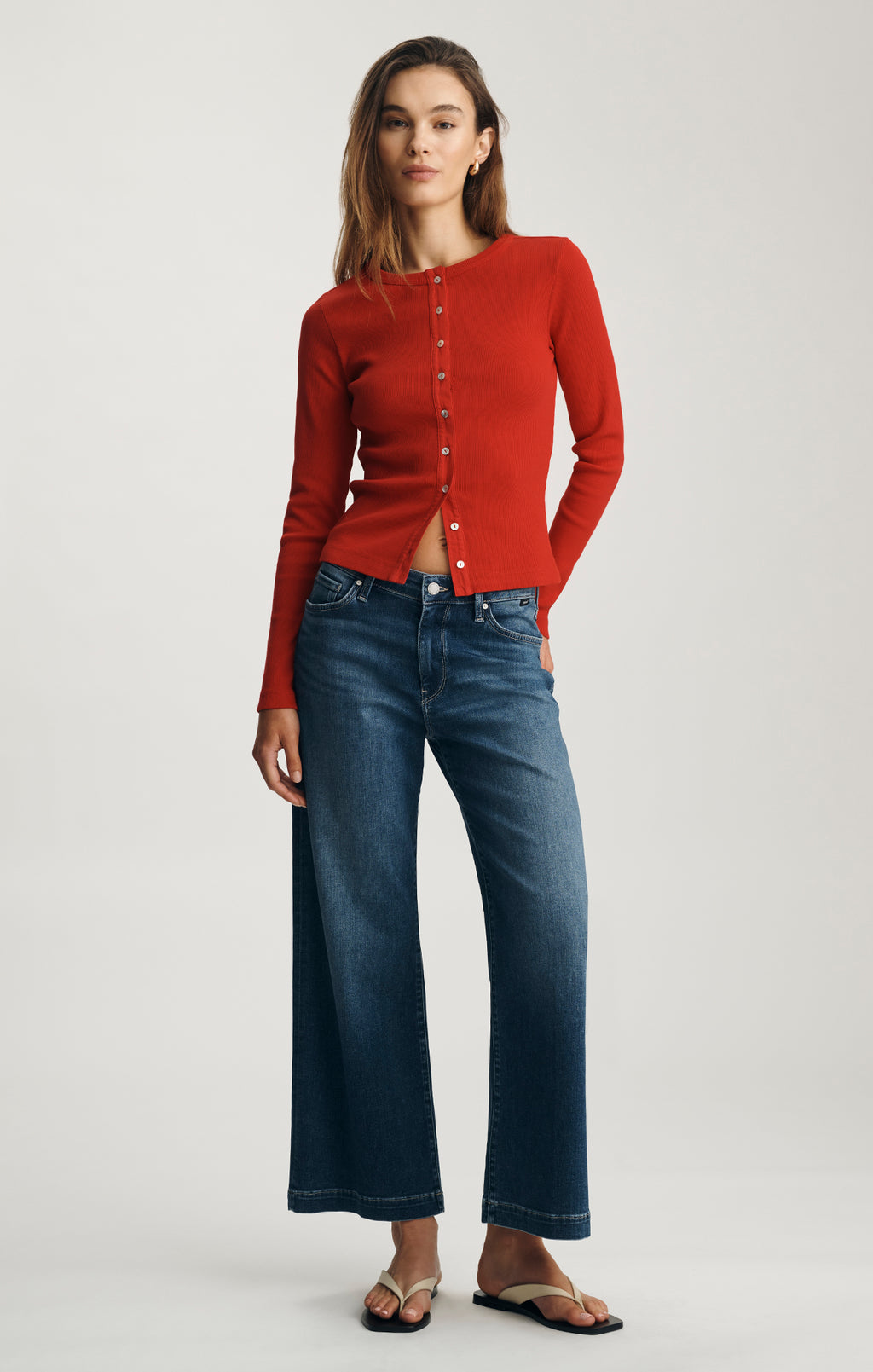 LONG SLEEVE BUTTON-UP T-SHIRT IN RED - Mavi Jeans