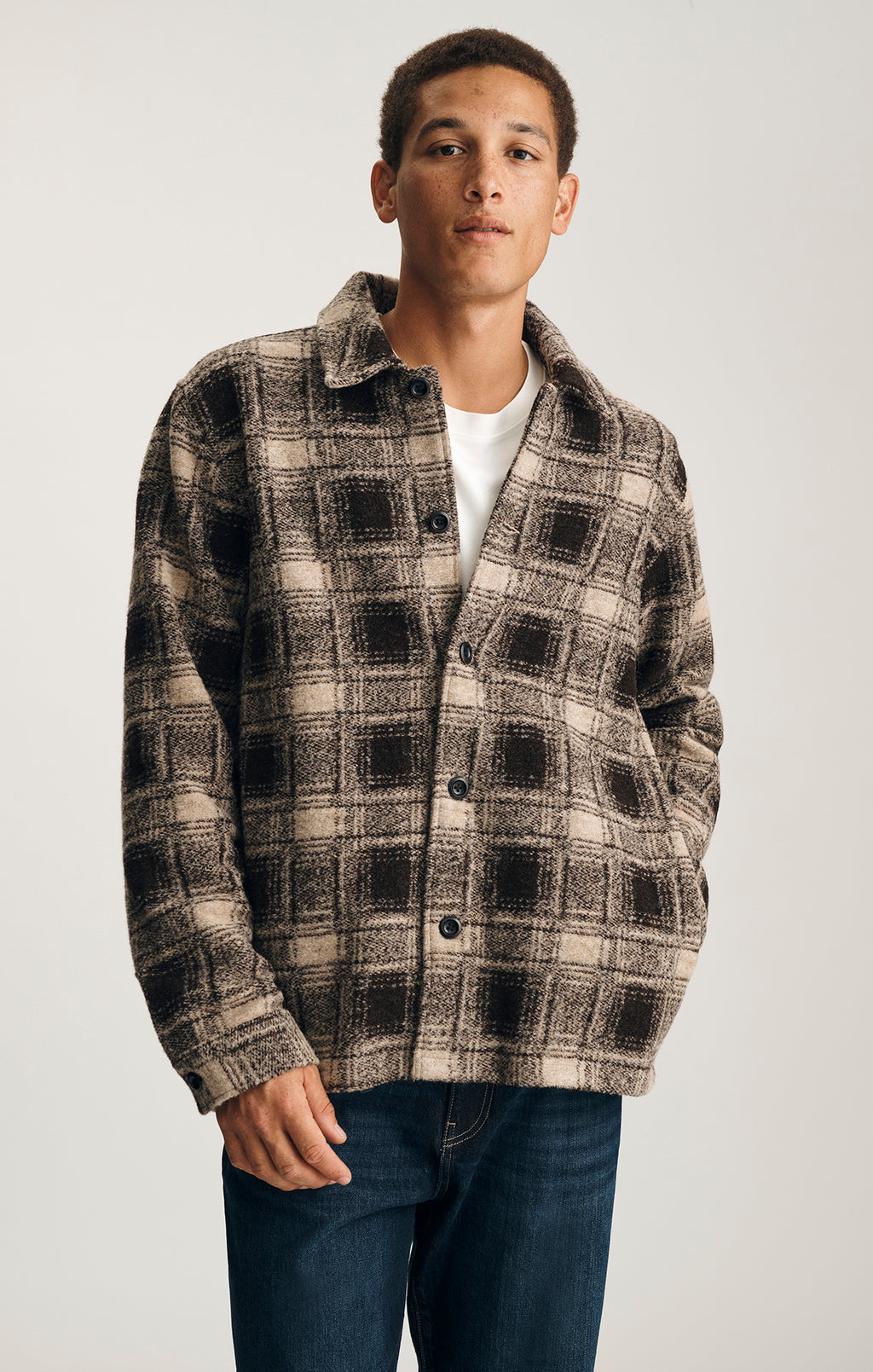 PLAID BUTTON-UP OVERSHIRT IN BROWN