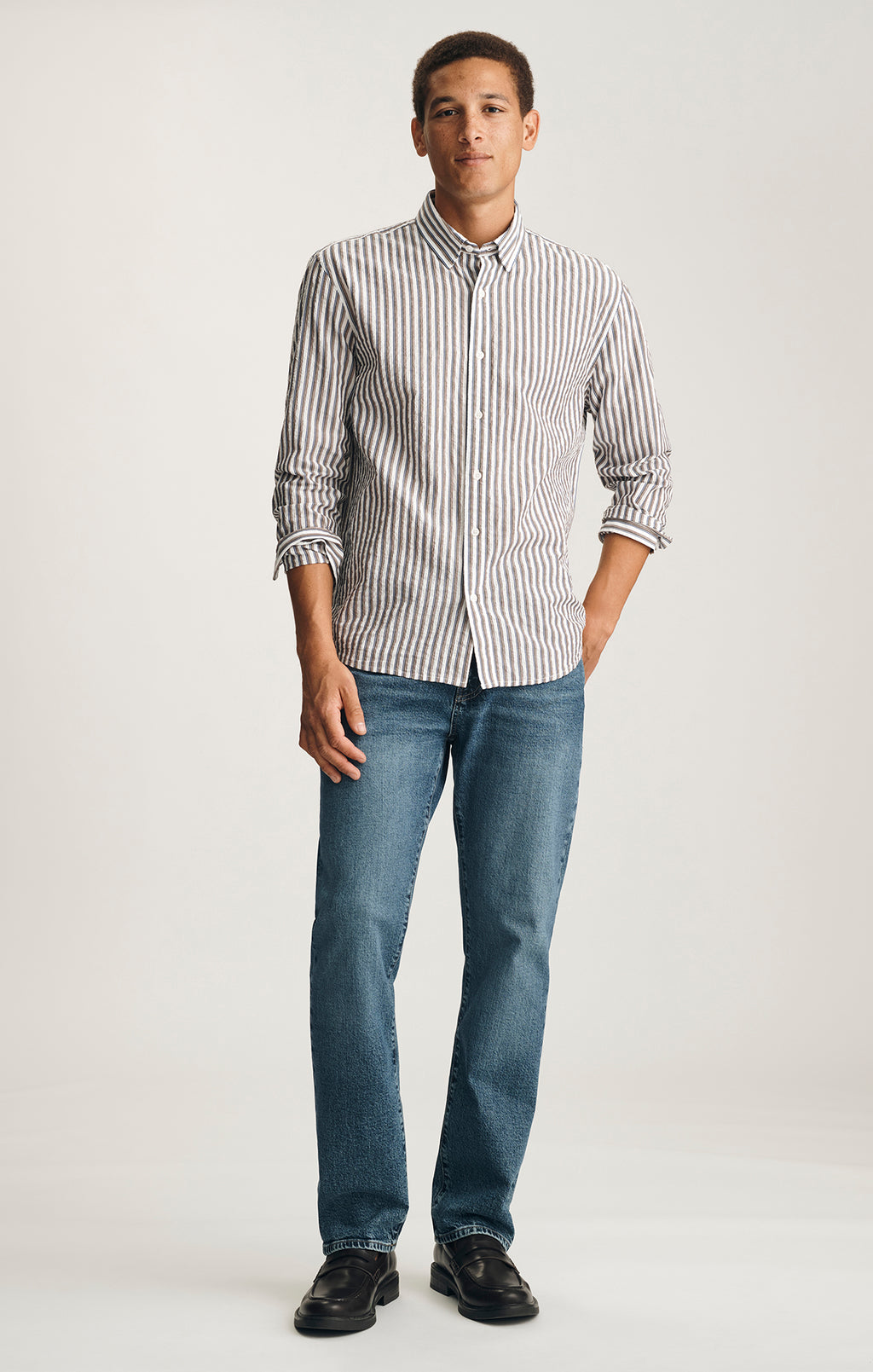 EDITION STRIPED BUTTON-UP SHIRT IN SHITAKE STRIPE
