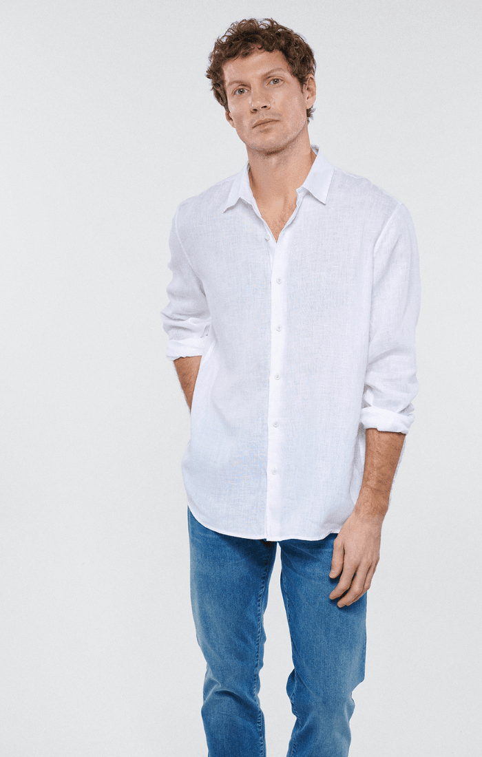 White linen shirt with 2025 blue jeans