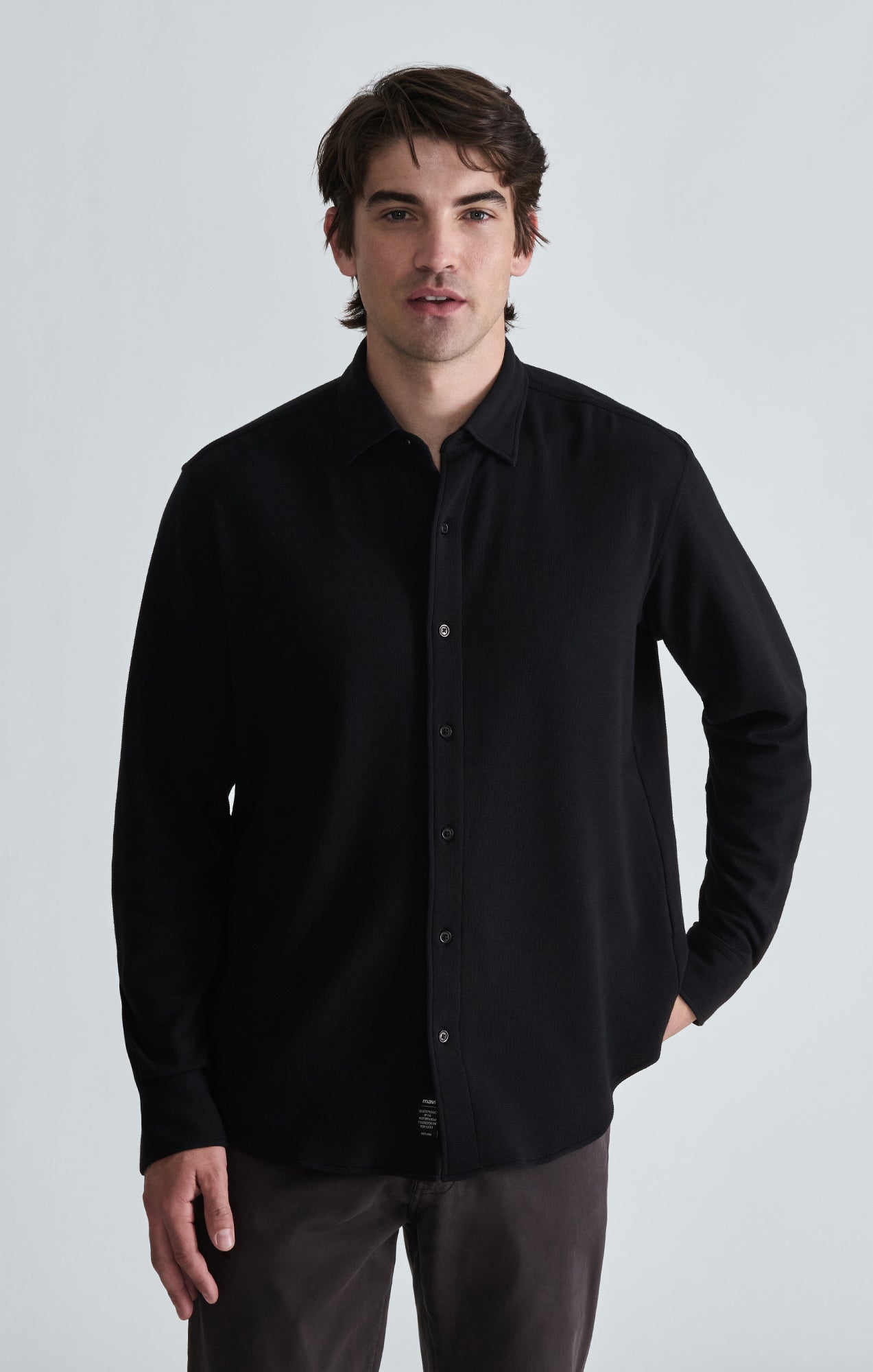 WAFFLE KNIT BUTTON-UP SHIRT IN BLACK - Mavi Jeans