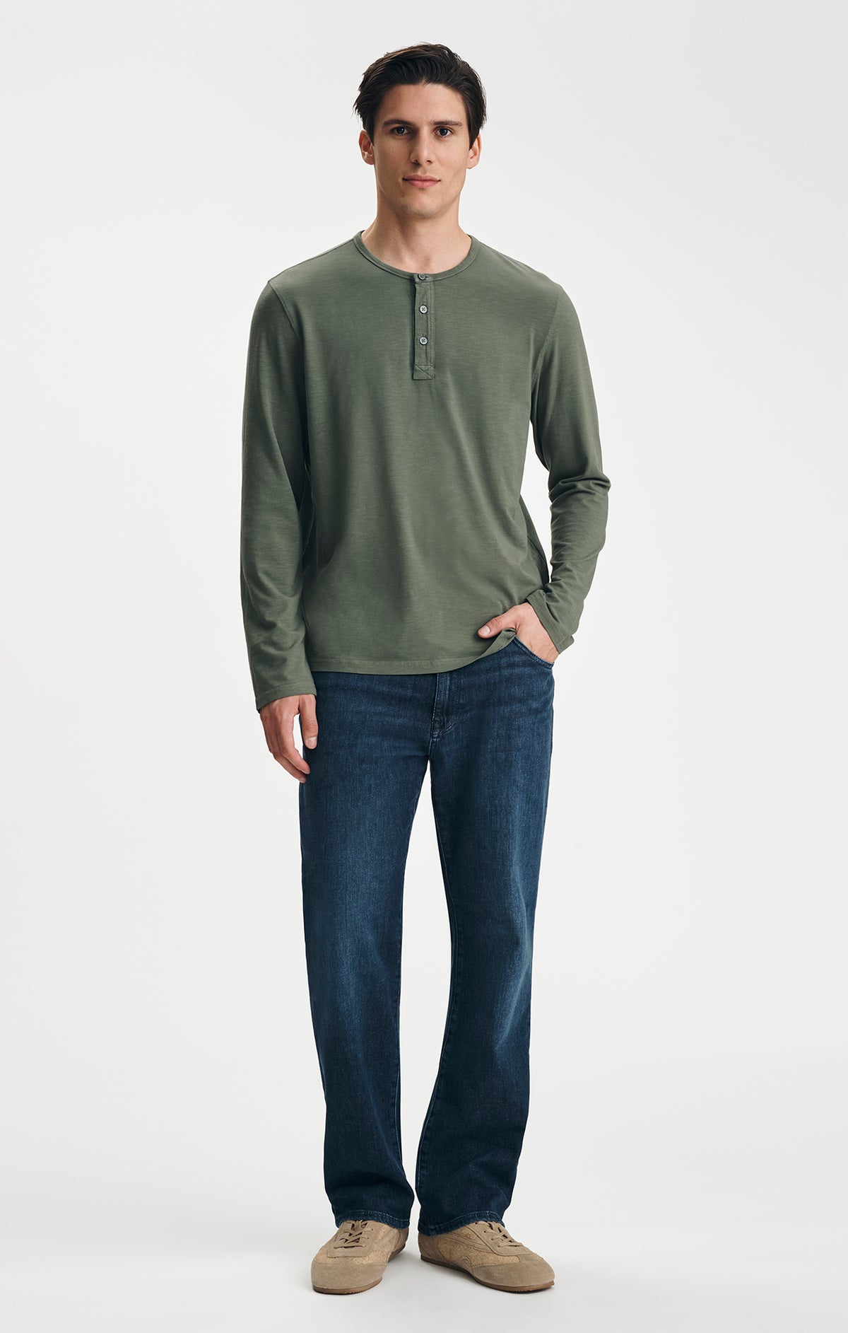 LONG SLEEVE HENLEY T-SHIRT IN THYME - Mavi Jeans