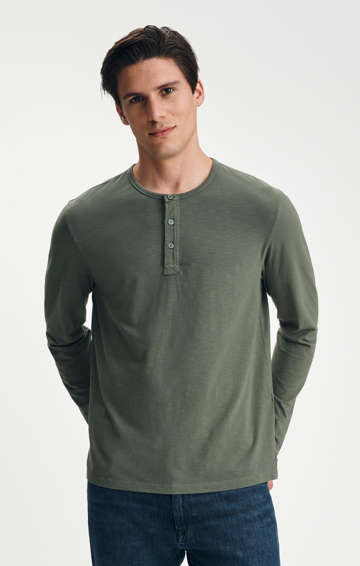 LONG SLEEVE HENLEY T-SHIRT IN THYME - Mavi Jeans