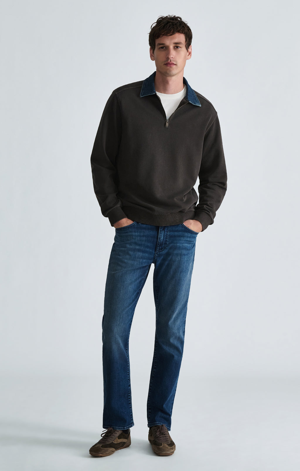 DENIM COLLAR QUARTER ZIP SWEATSHIRT IN AFTER DARK - Mavi Jeans