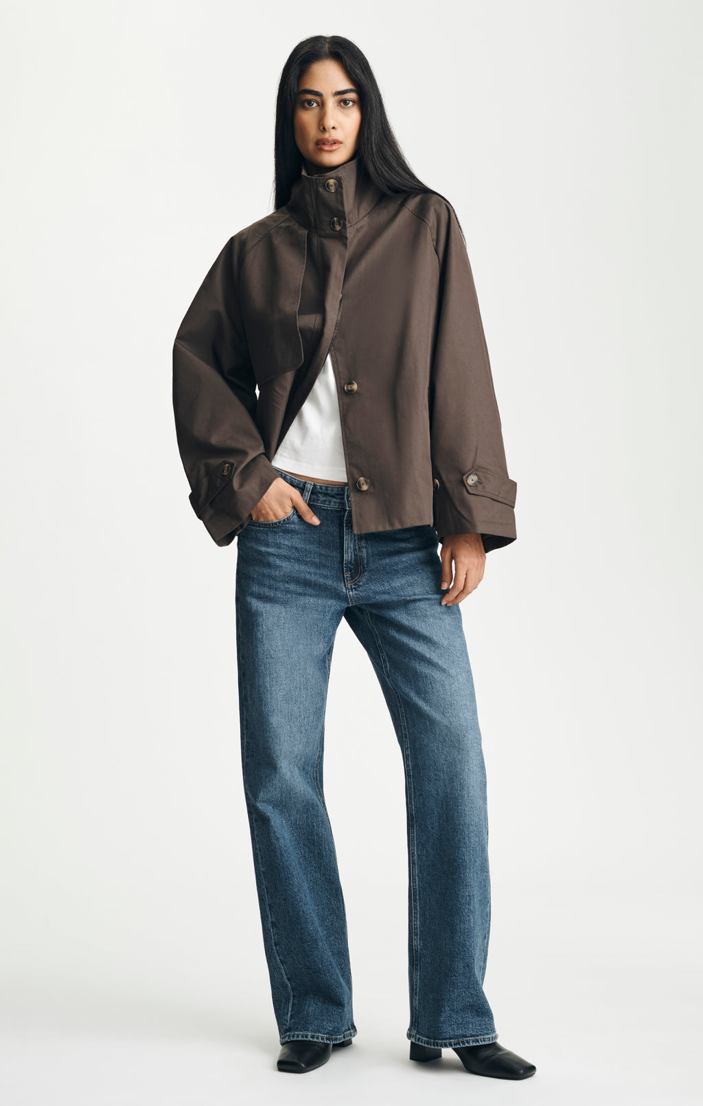 OVERSIZED HIGH NECK TRENCH COAT IN MULCH - Mavi Jeans