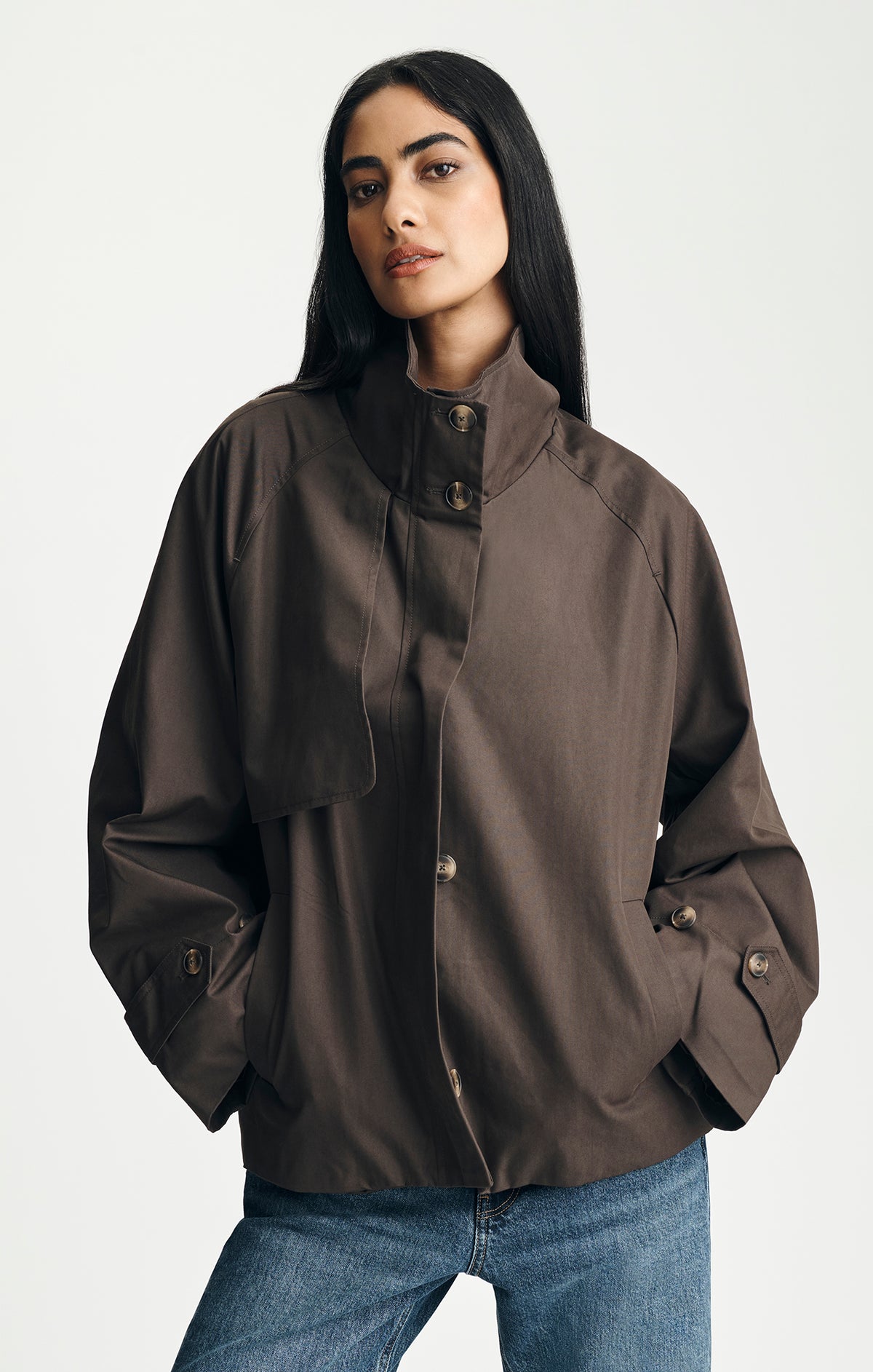 OVERSIZED HIGH NECK TRENCH COAT IN MULCH - Mavi Jeans