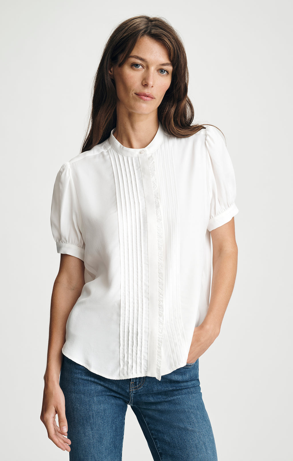 SHORT SLEEVE PINTUCK LACE TRIM SHIRT IN ANTIQUE WHITE - Mavi Jeans