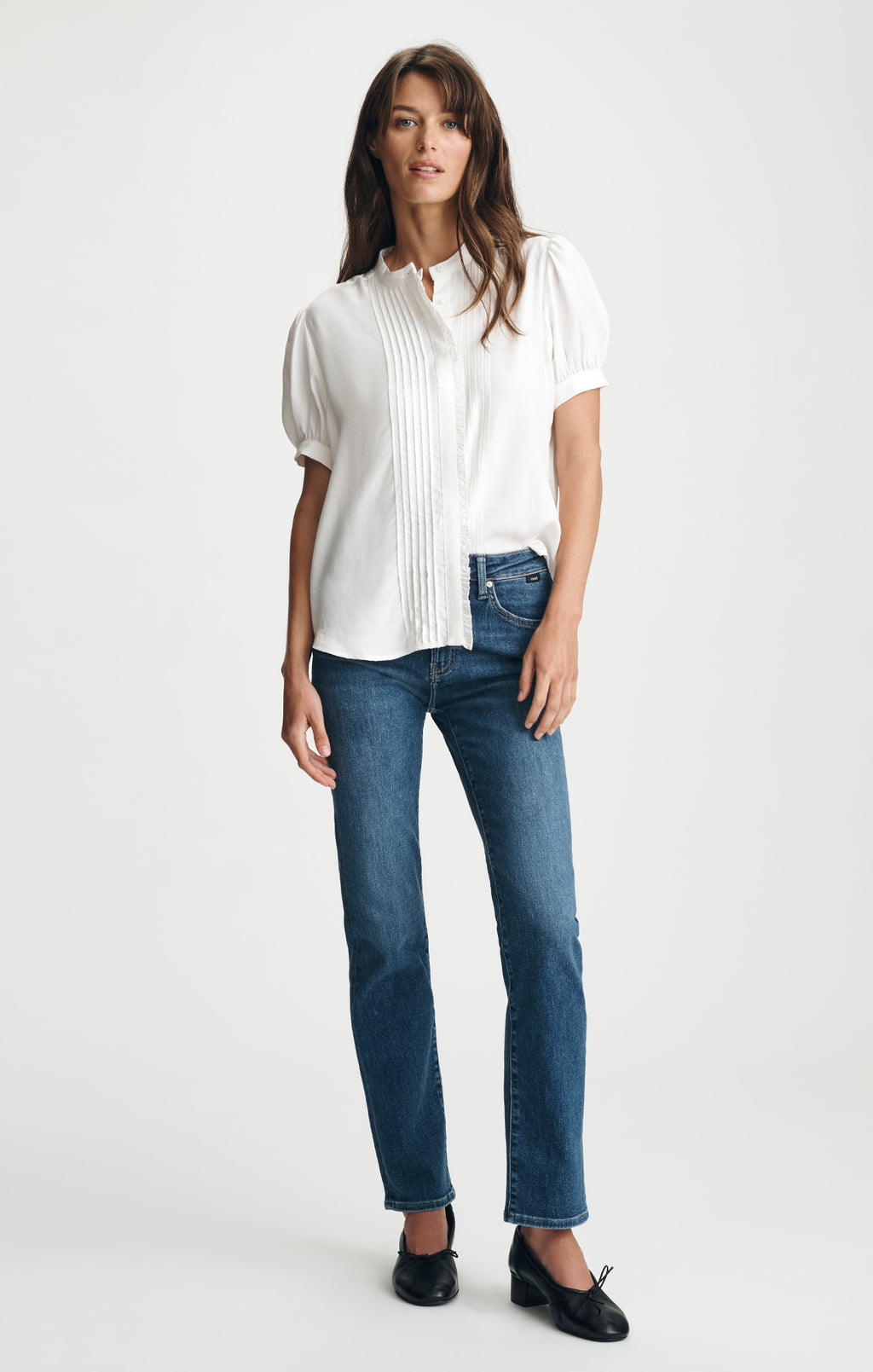 SHORT SLEEVE PINTUCK LACE TRIM SHIRT IN ANTIQUE WHITE - Mavi Jeans