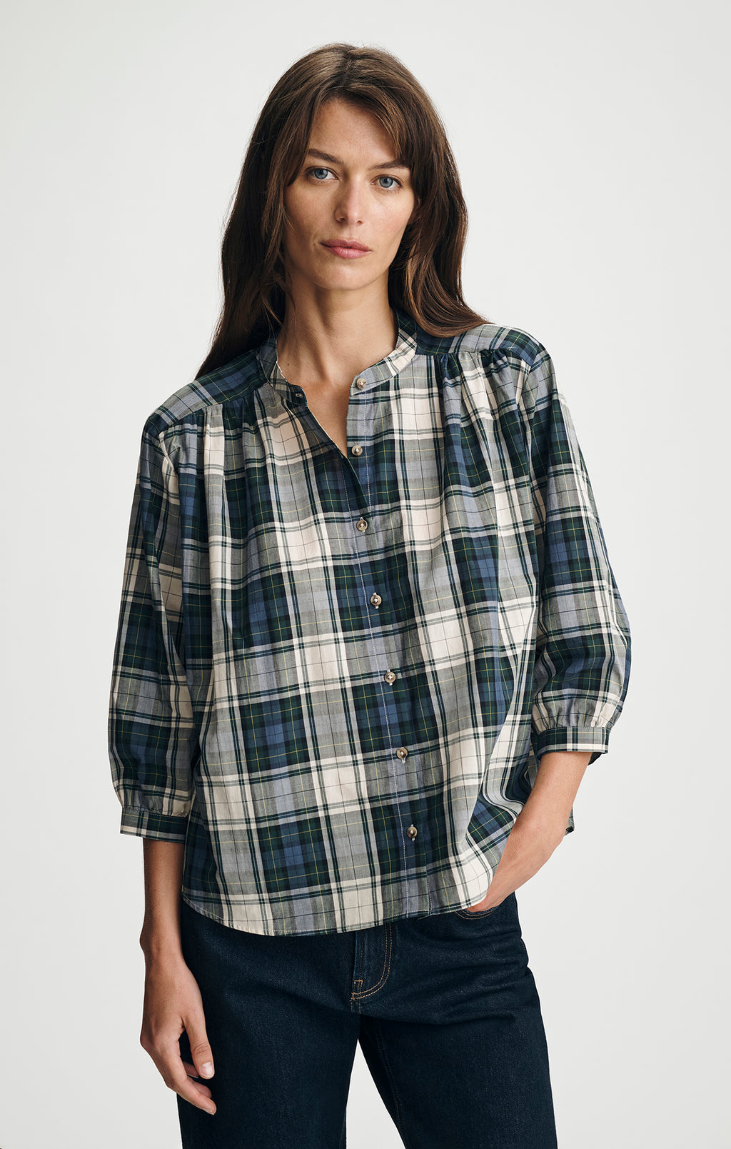 PLAID BALLOON SLEEVE BUTTON-UP SHIRT IN ATLANTIC DEEP CHECK - Mavi Jeans