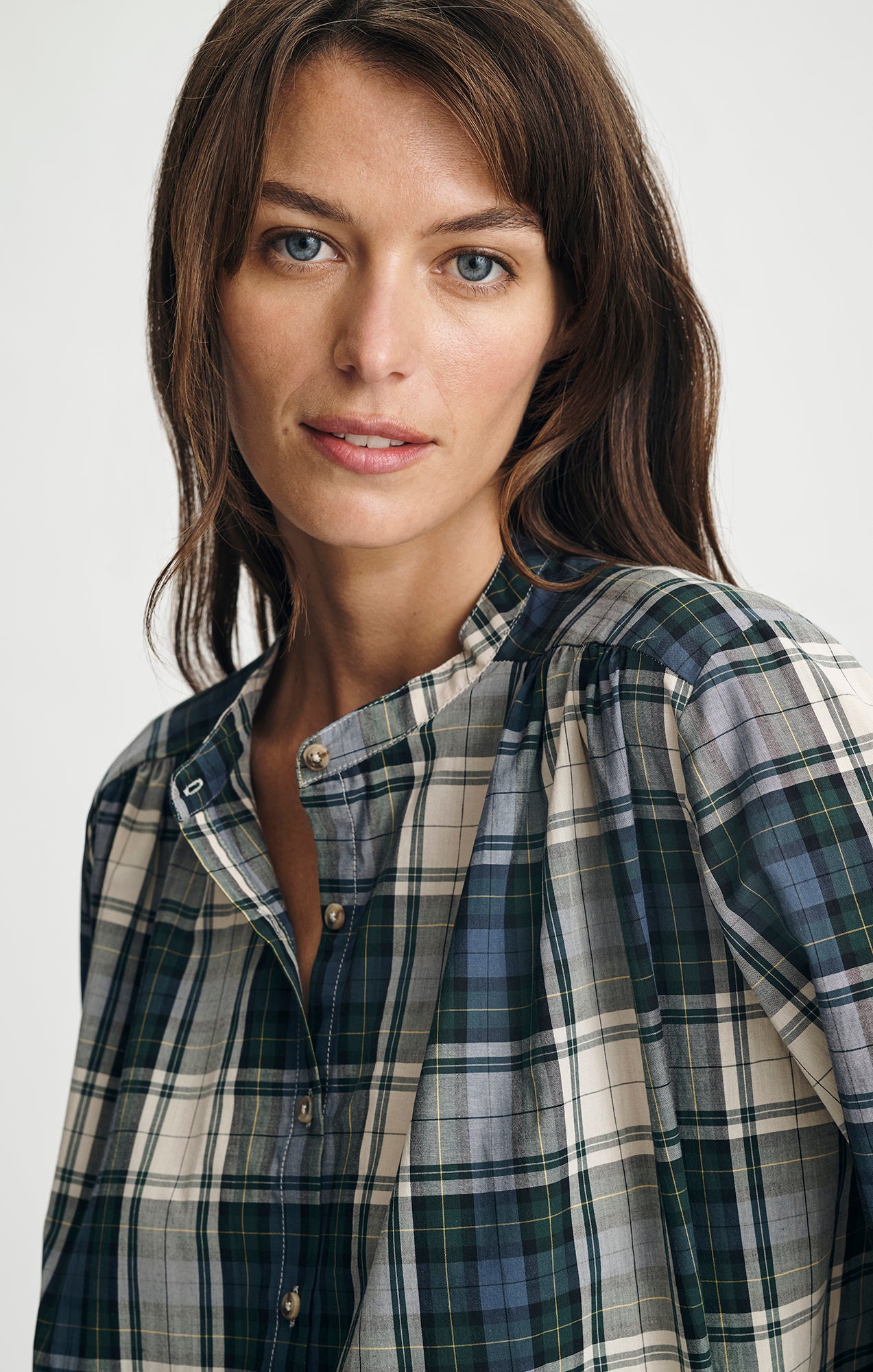 PLAID BALLOON SLEEVE BUTTON-UP SHIRT IN ATLANTIC DEEP CHECK - Mavi Jeans