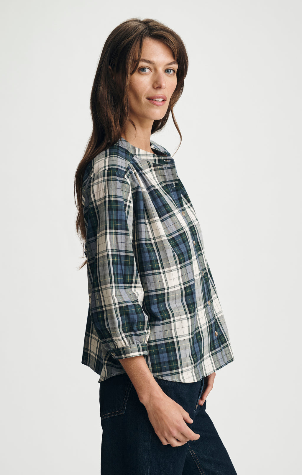 PLAID BALLOON SLEEVE BUTTON-UP SHIRT IN ATLANTIC DEEP CHECK - Mavi Jeans