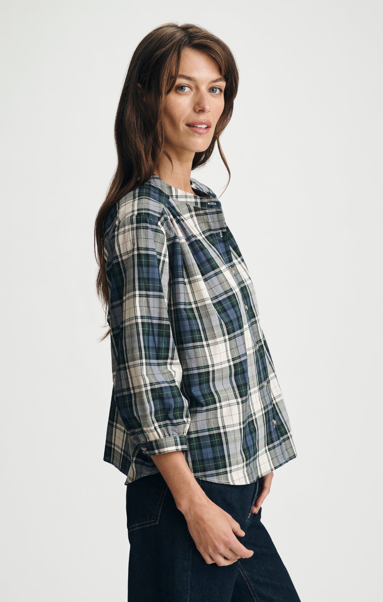PLAID BALLOON SLEEVE BUTTON-UP SHIRT IN ATLANTIC DEEP CHECK - Mavi Jeans