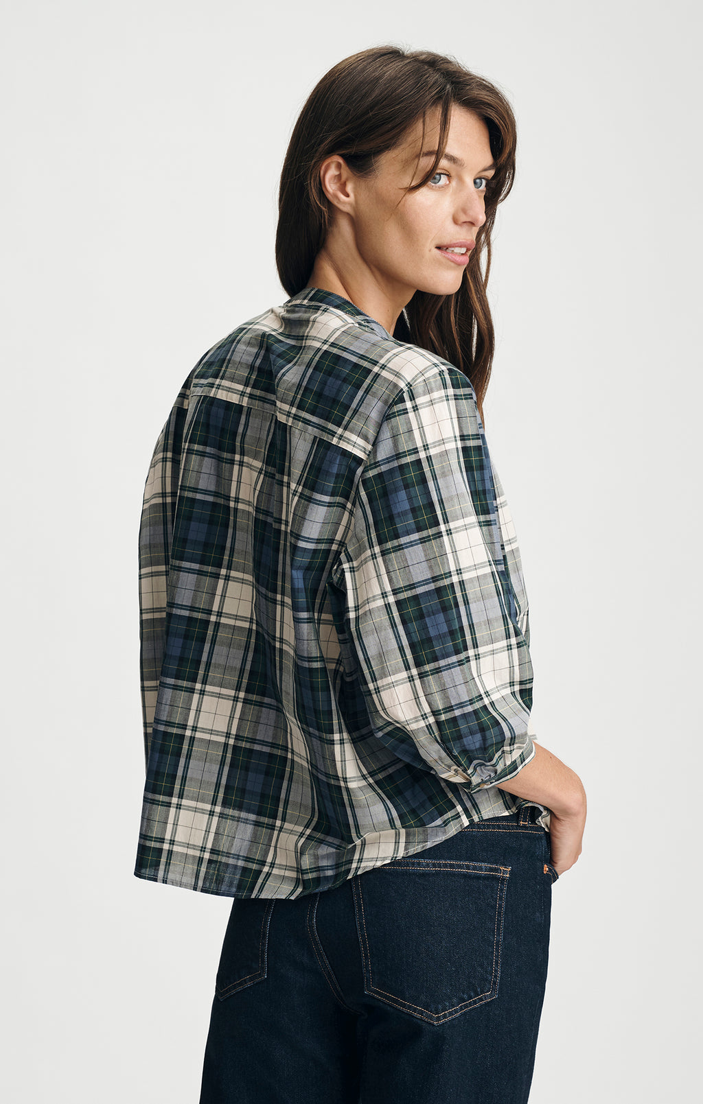 PLAID BALLOON SLEEVE BUTTON-UP SHIRT IN ATLANTIC DEEP CHECK - Mavi Jeans