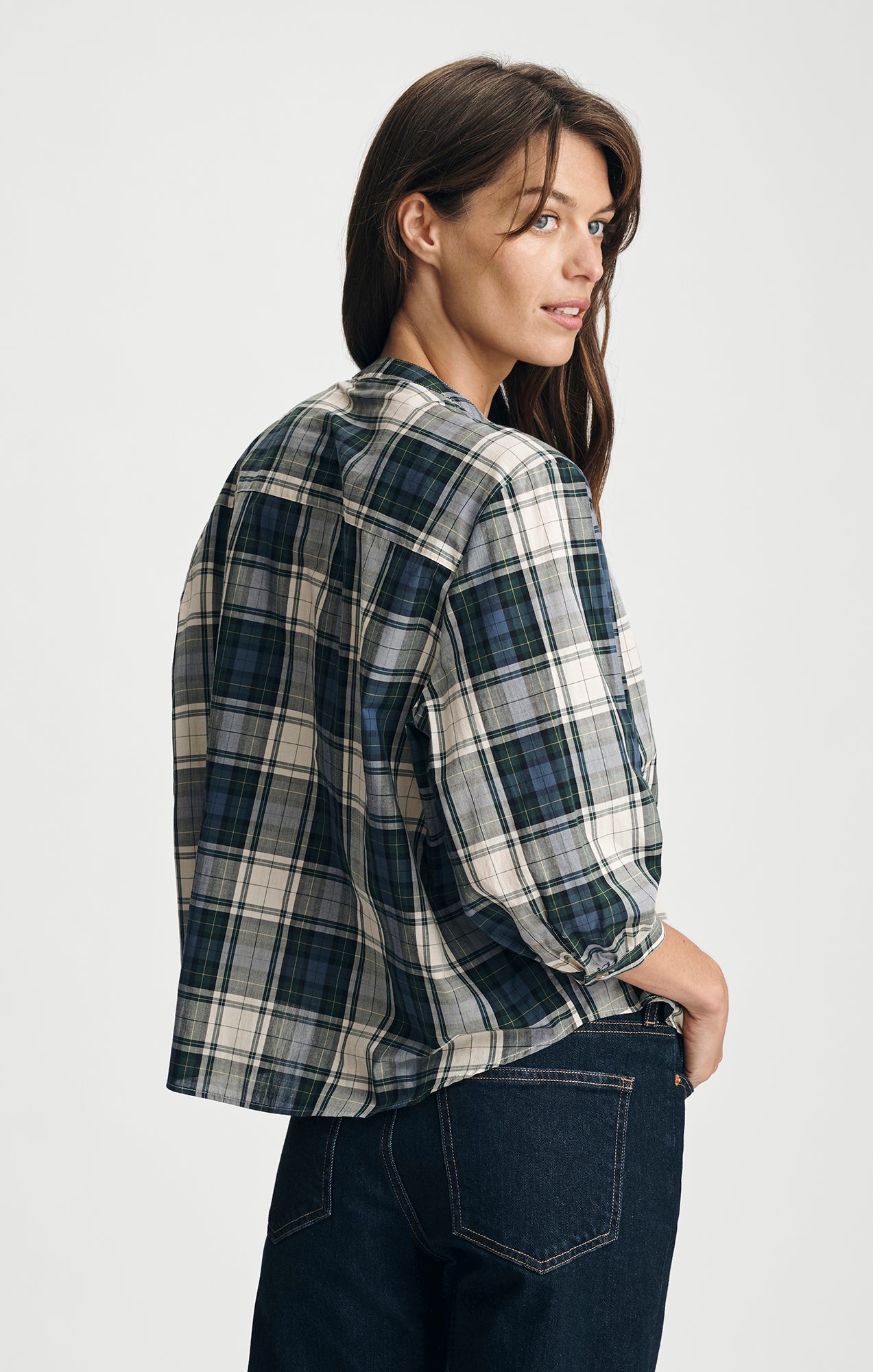 PLAID BALLOON SLEEVE BUTTON-UP SHIRT IN ATLANTIC DEEP CHECK - Mavi Jeans