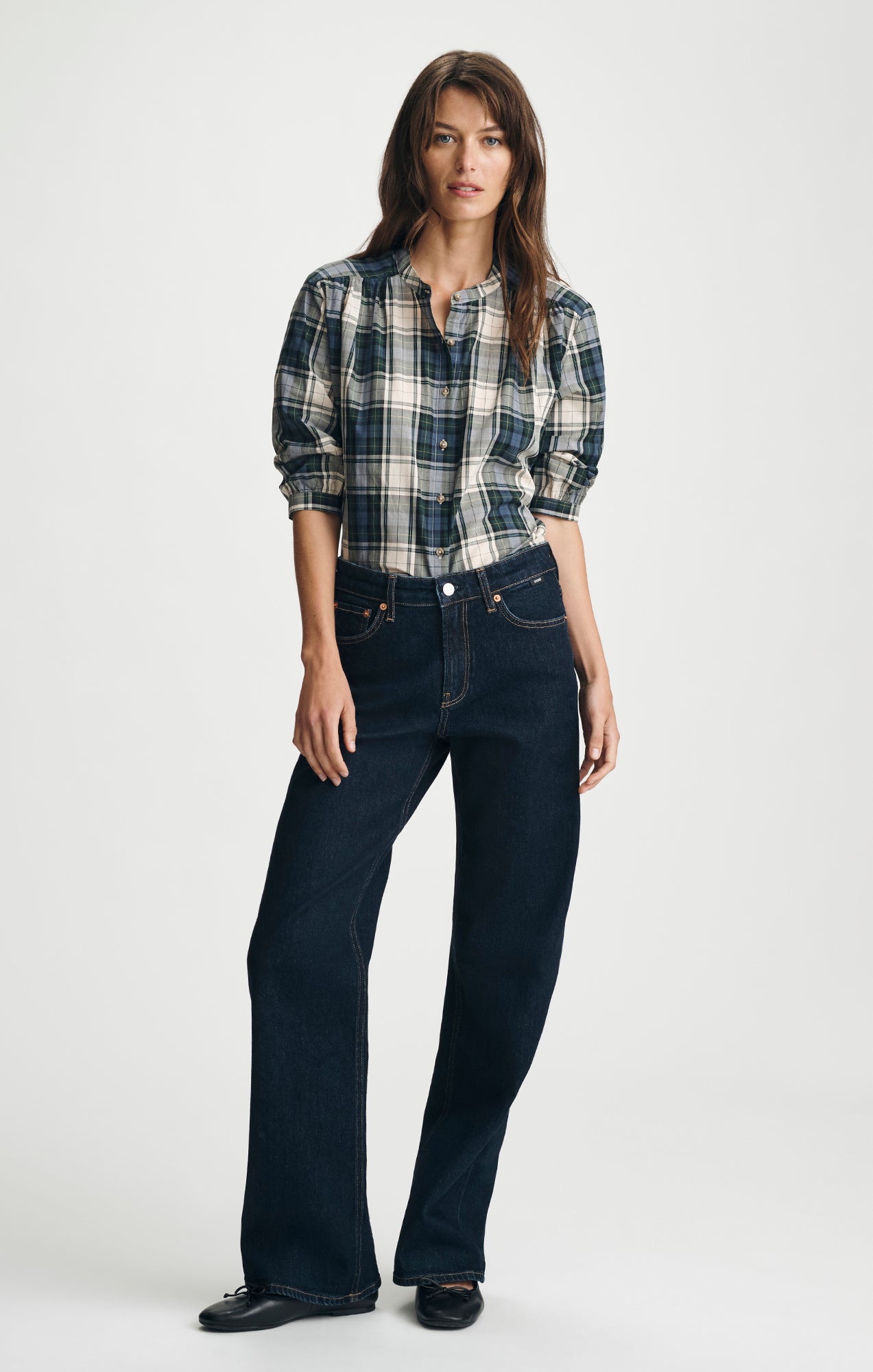 PLAID BALLOON SLEEVE BUTTON-UP SHIRT IN ATLANTIC DEEP CHECK - Mavi Jeans