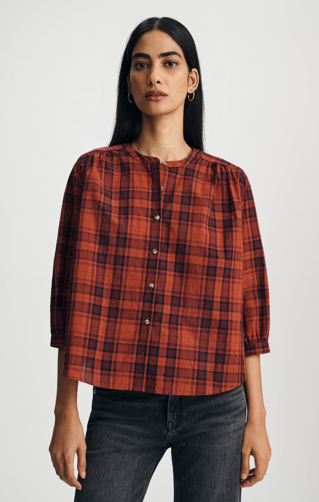 PLAID BALLOON SLEEVE BUTTON-UP SHIRT IN ROSEWOOD CHECK - Mavi Jeans