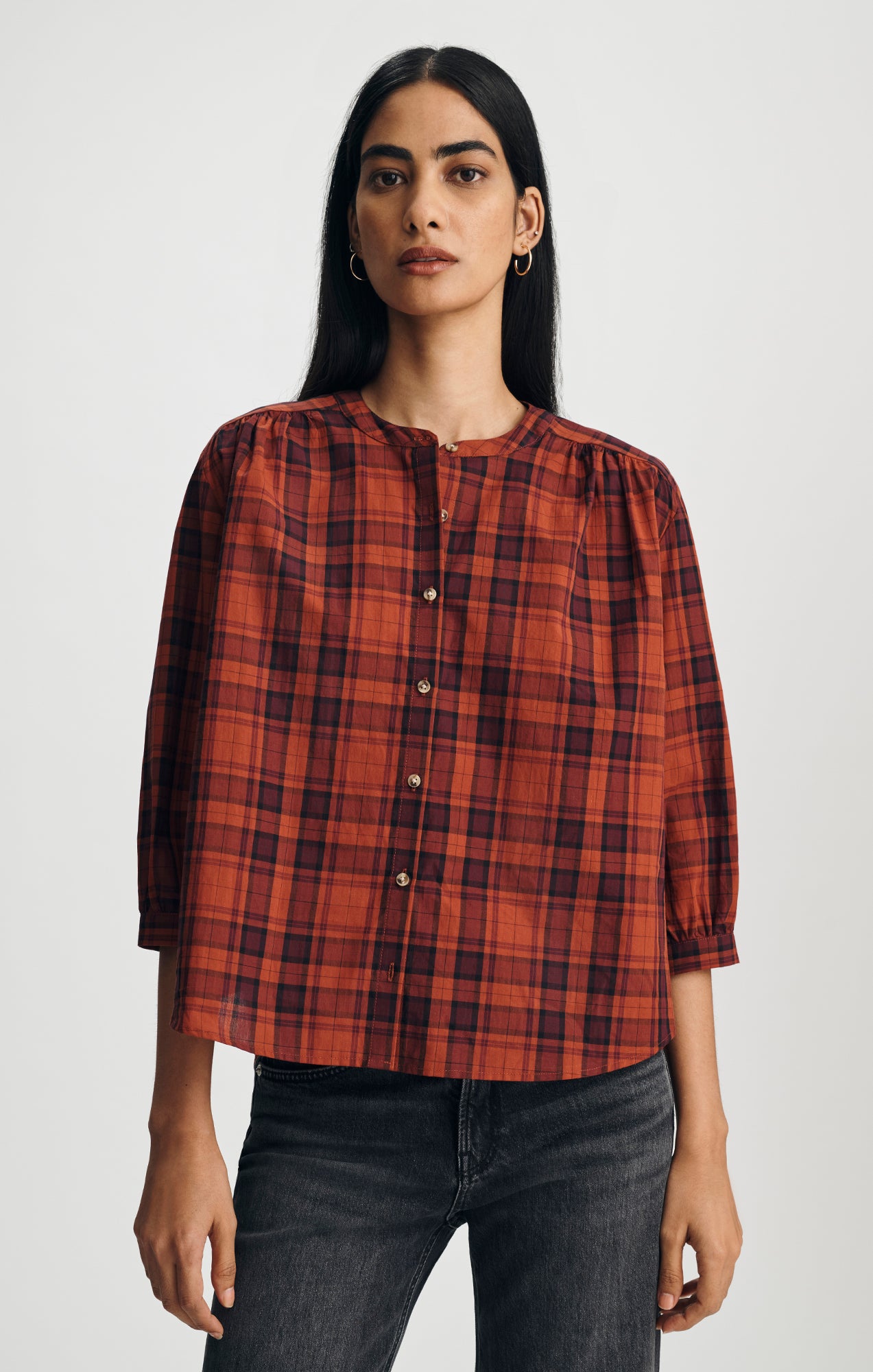 PLAID BALLOON SLEEVE BUTTON-UP SHIRT IN ROSEWOOD CHECK - Mavi Jeans