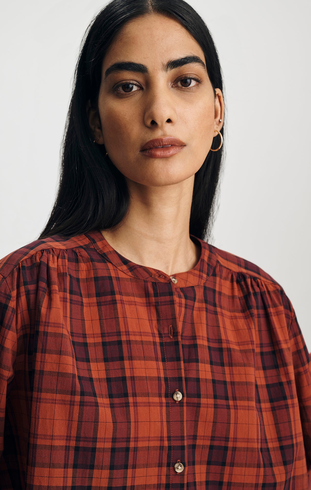 PLAID BALLOON SLEEVE BUTTON-UP SHIRT IN ROSEWOOD CHECK - Mavi Jeans
