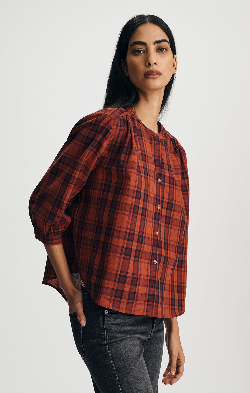 PLAID BALLOON SLEEVE BUTTON-UP SHIRT IN ROSEWOOD CHECK - Mavi Jeans