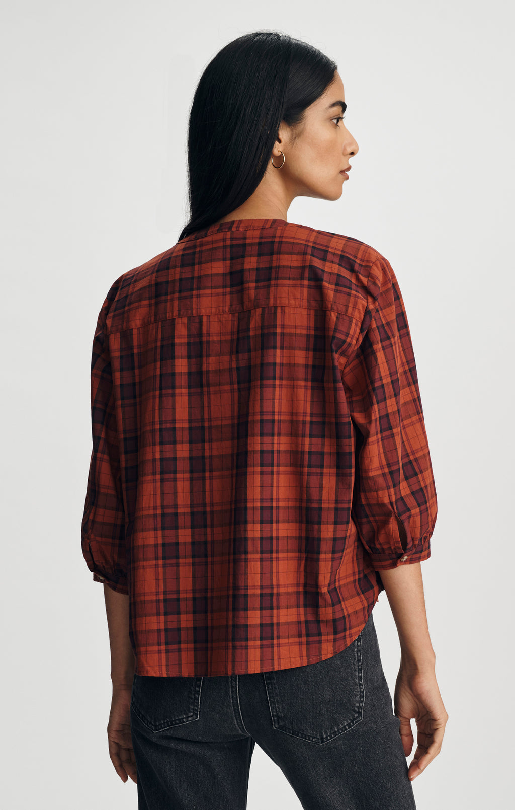 PLAID BALLOON SLEEVE BUTTON-UP SHIRT IN ROSEWOOD CHECK - Mavi Jeans