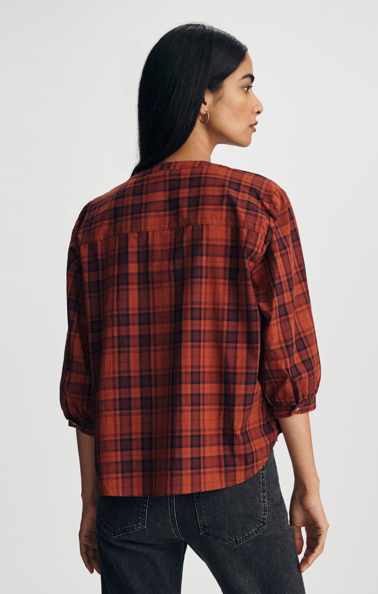 PLAID BALLOON SLEEVE BUTTON-UP SHIRT IN ROSEWOOD CHECK - Mavi Jeans