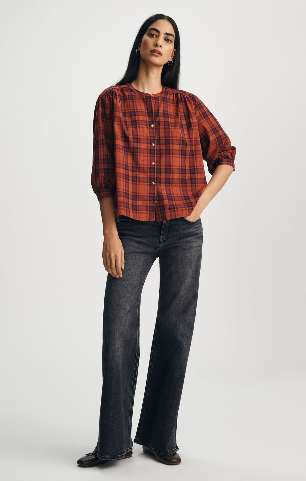 PLAID BALLOON SLEEVE BUTTON-UP SHIRT IN ROSEWOOD CHECK - Mavi Jeans
