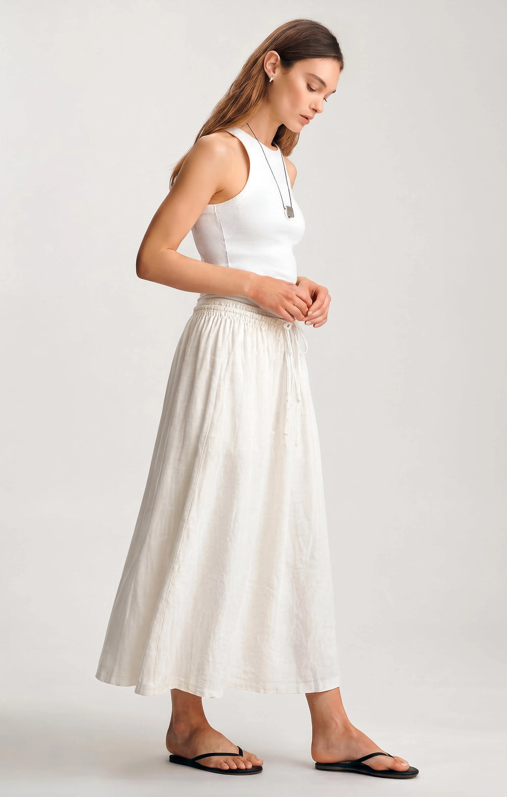 LINEN DRAWSTRING MAXI SKIRT IN ANTIQUE WHITE