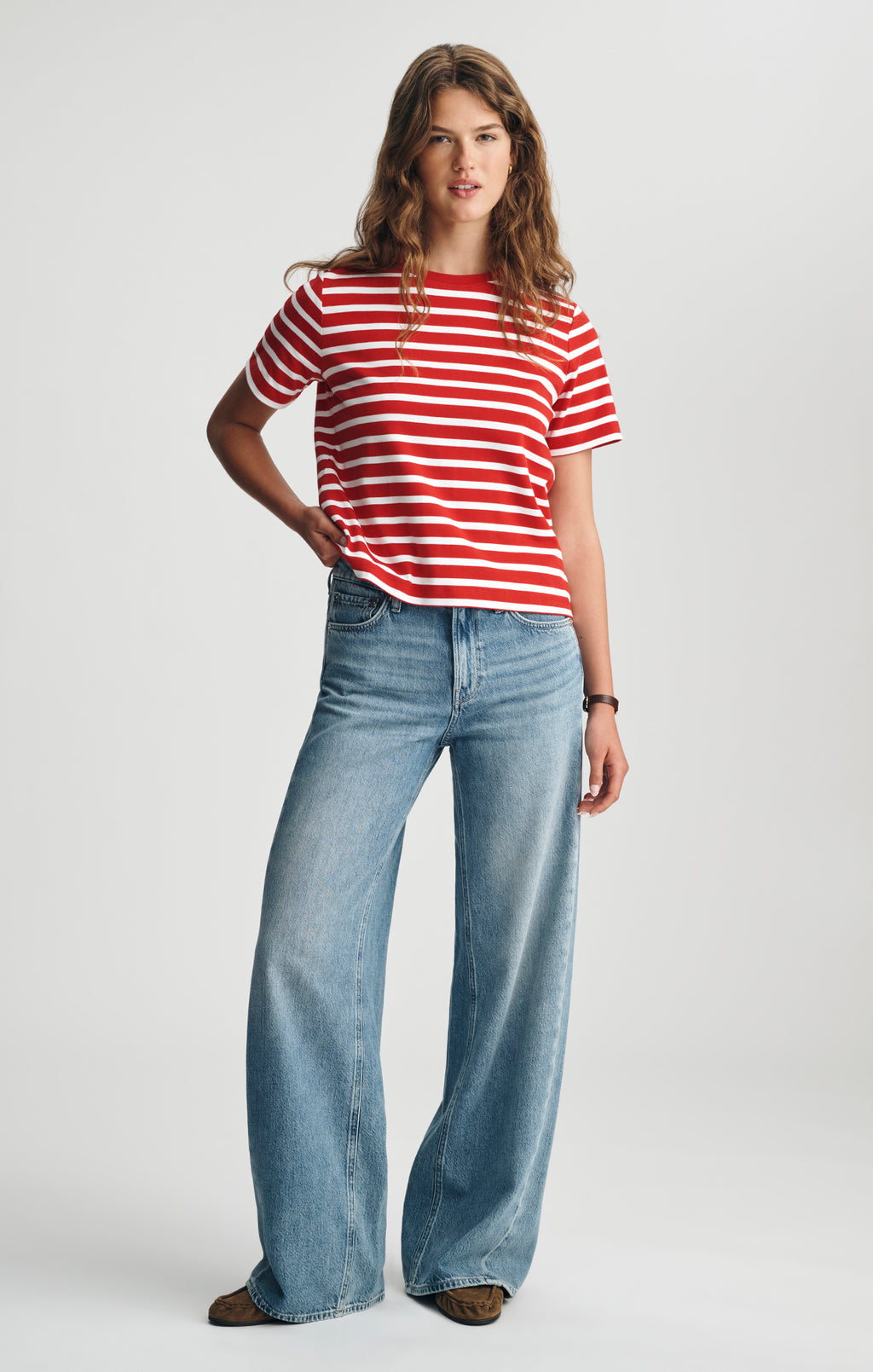 AUDREY INTERLOCK CREW NECK T-SHIRT IN RED STRIPED - Mavi Jeans