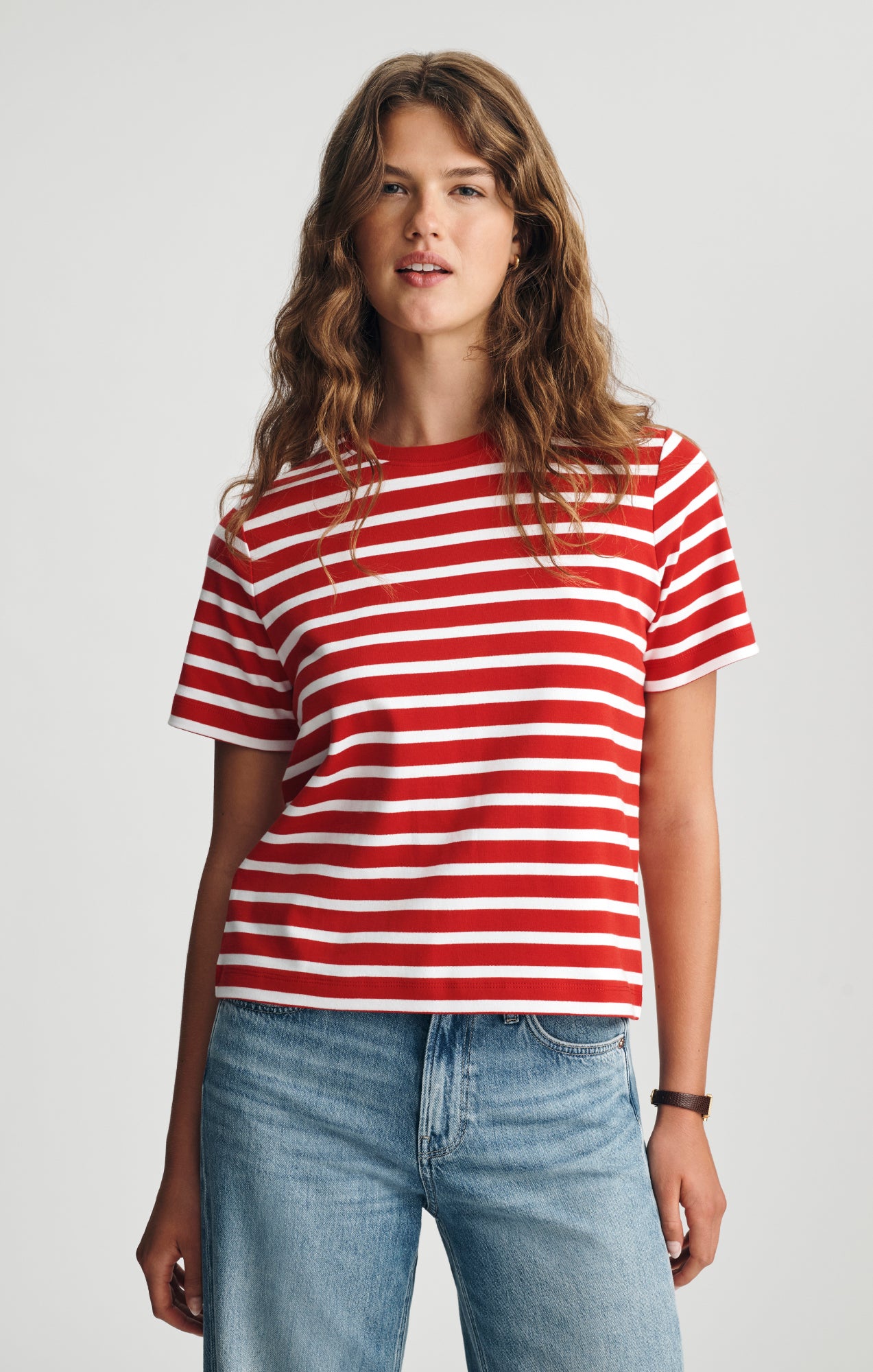 AUDREY INTERLOCK CREW NECK T-SHIRT IN RED STRIPED - Mavi Jeans
