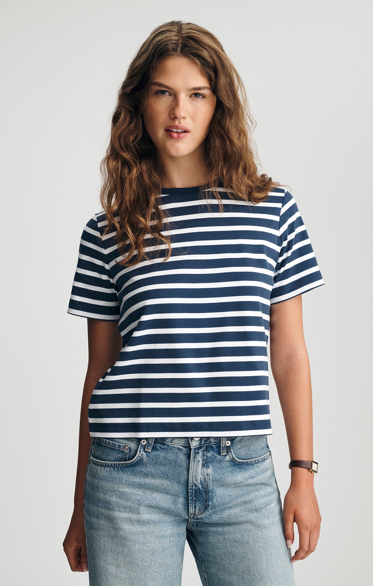 AUDREY INTERLOCK CREW NECK T-SHIRT IN NAVY STRIPE - Mavi Jeans