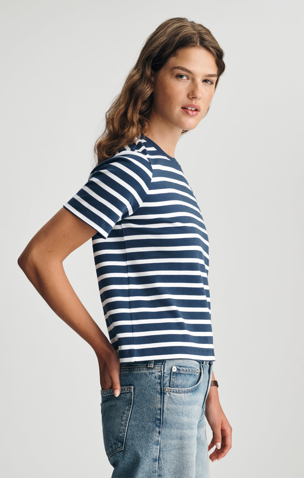 AUDREY INTERLOCK CREW NECK T-SHIRT IN NAVY STRIPE - Mavi Jeans