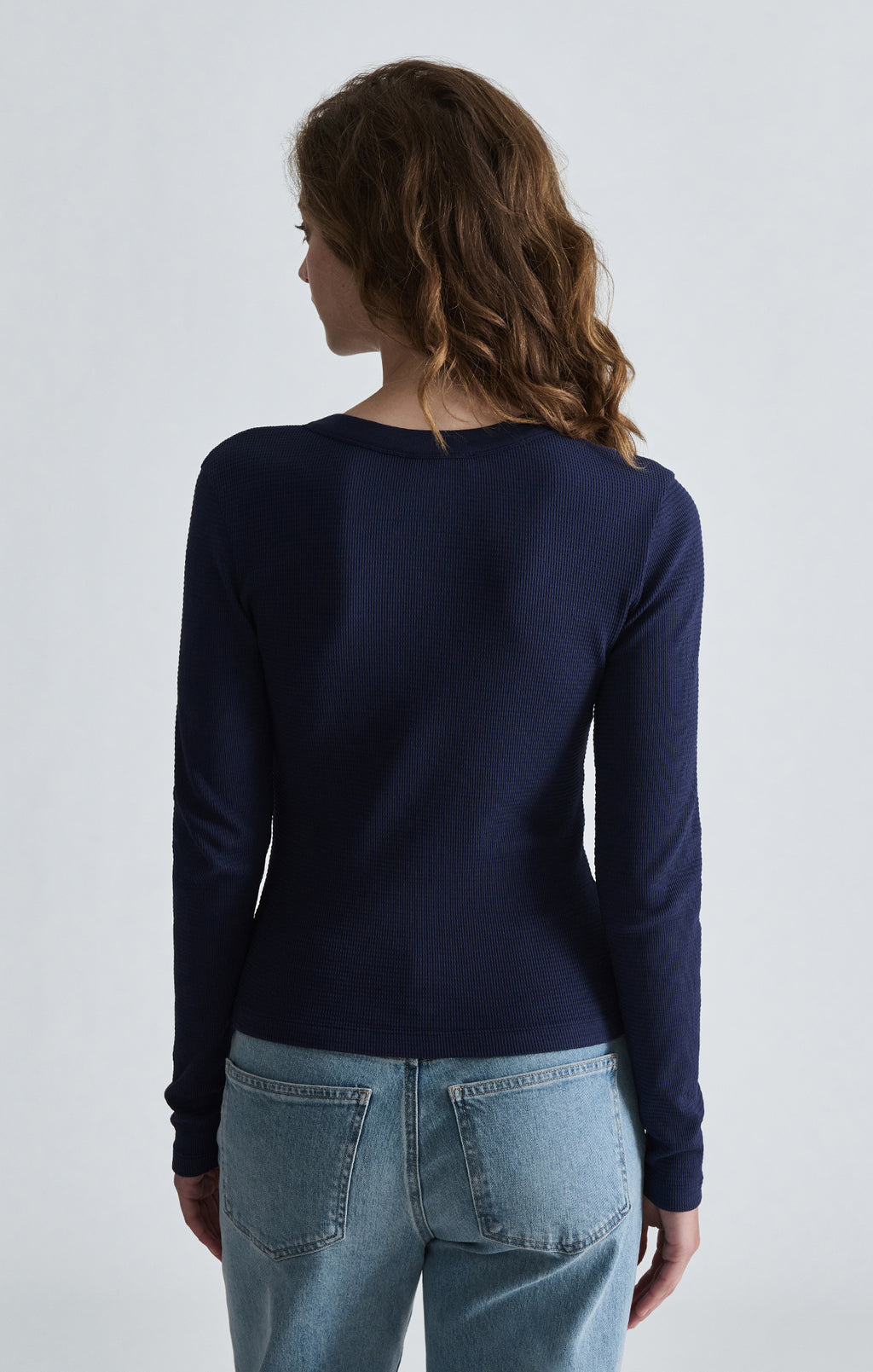 WAFFLE KNIT LONG SLEEVE HENLEY T-SHIRT IN NAVAL ACADEMY - Mavi Jeans