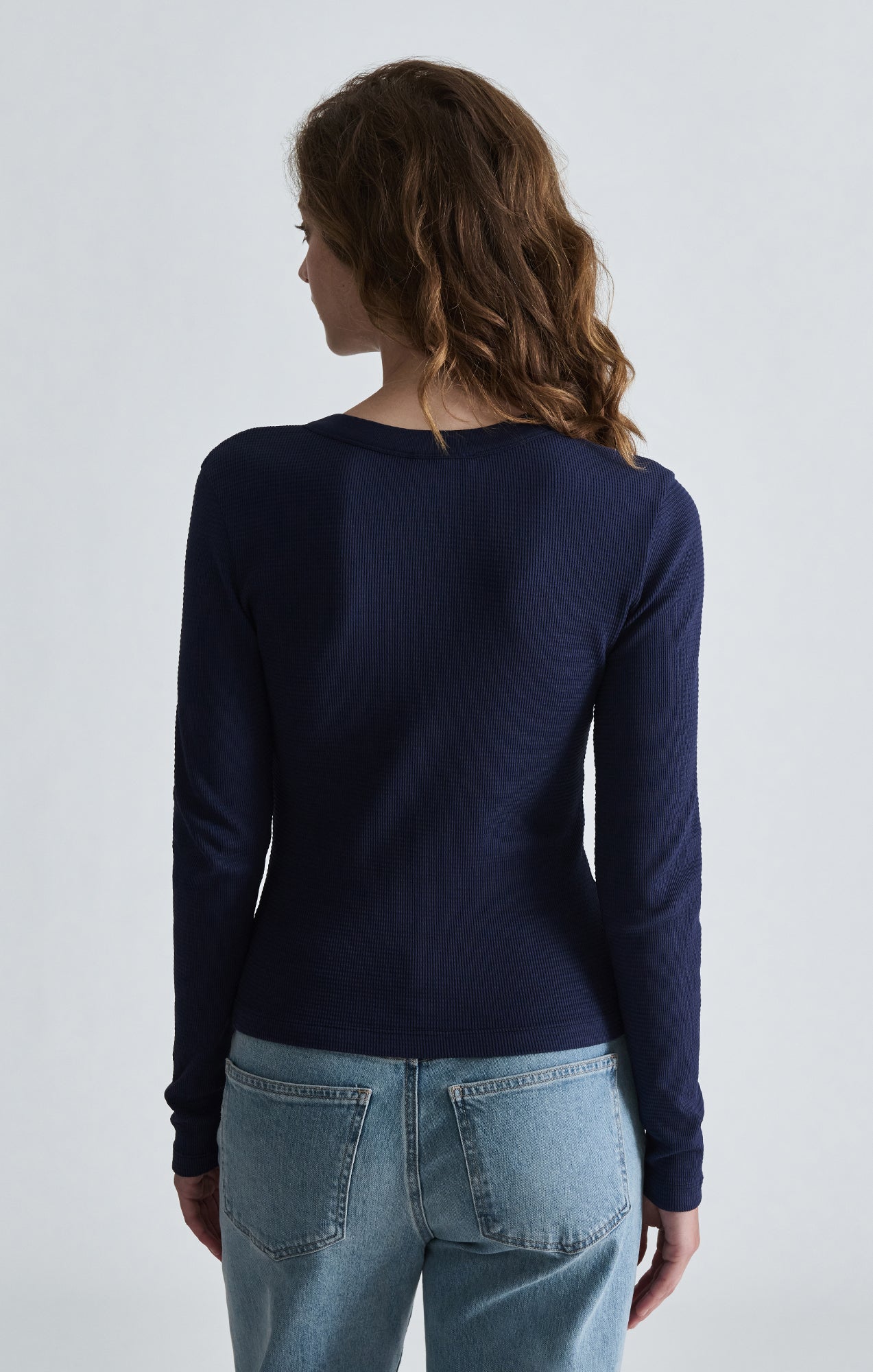 WAFFLE KNIT LONG SLEEVE HENLEY T-SHIRT IN NAVAL ACADEMY - Mavi Jeans