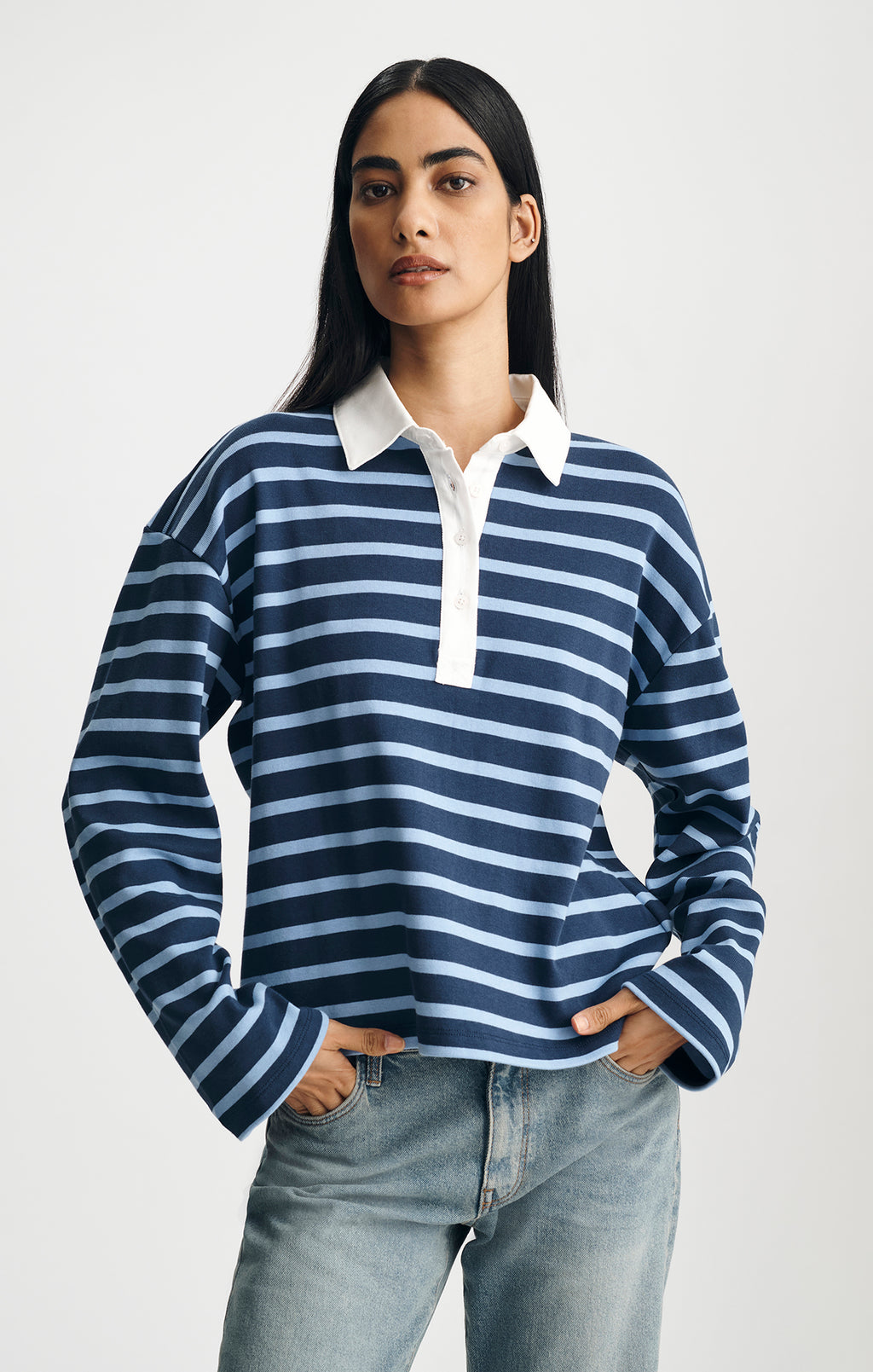 LONG SLEEVE RUGBY POLO T-SHIRT IN NAVY STRIPED