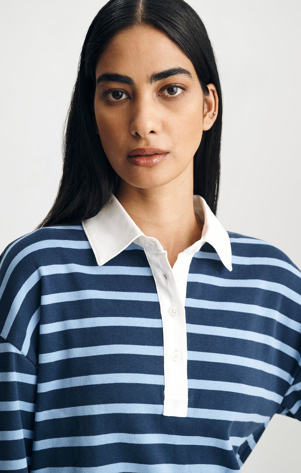 LONG SLEEVE RUGBY POLO T-SHIRT IN NAVY STRIPED