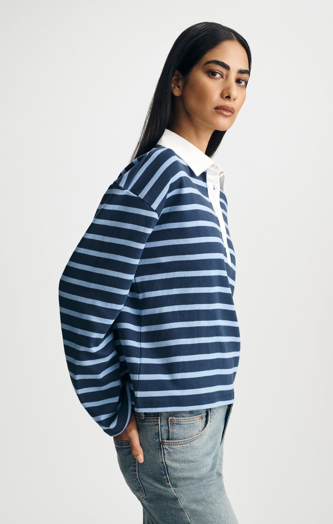 LONG SLEEVE RUGBY POLO T-SHIRT IN NAVY STRIPED