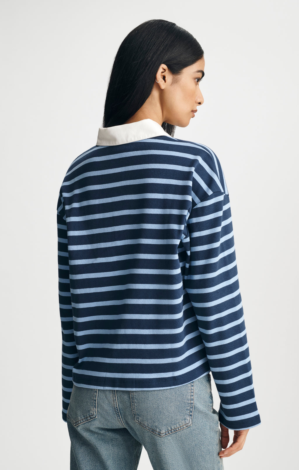 LONG SLEEVE RUGBY POLO T-SHIRT IN NAVY STRIPED