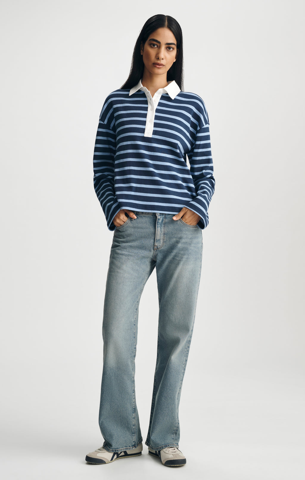LONG SLEEVE RUGBY POLO T-SHIRT IN NAVY STRIPED