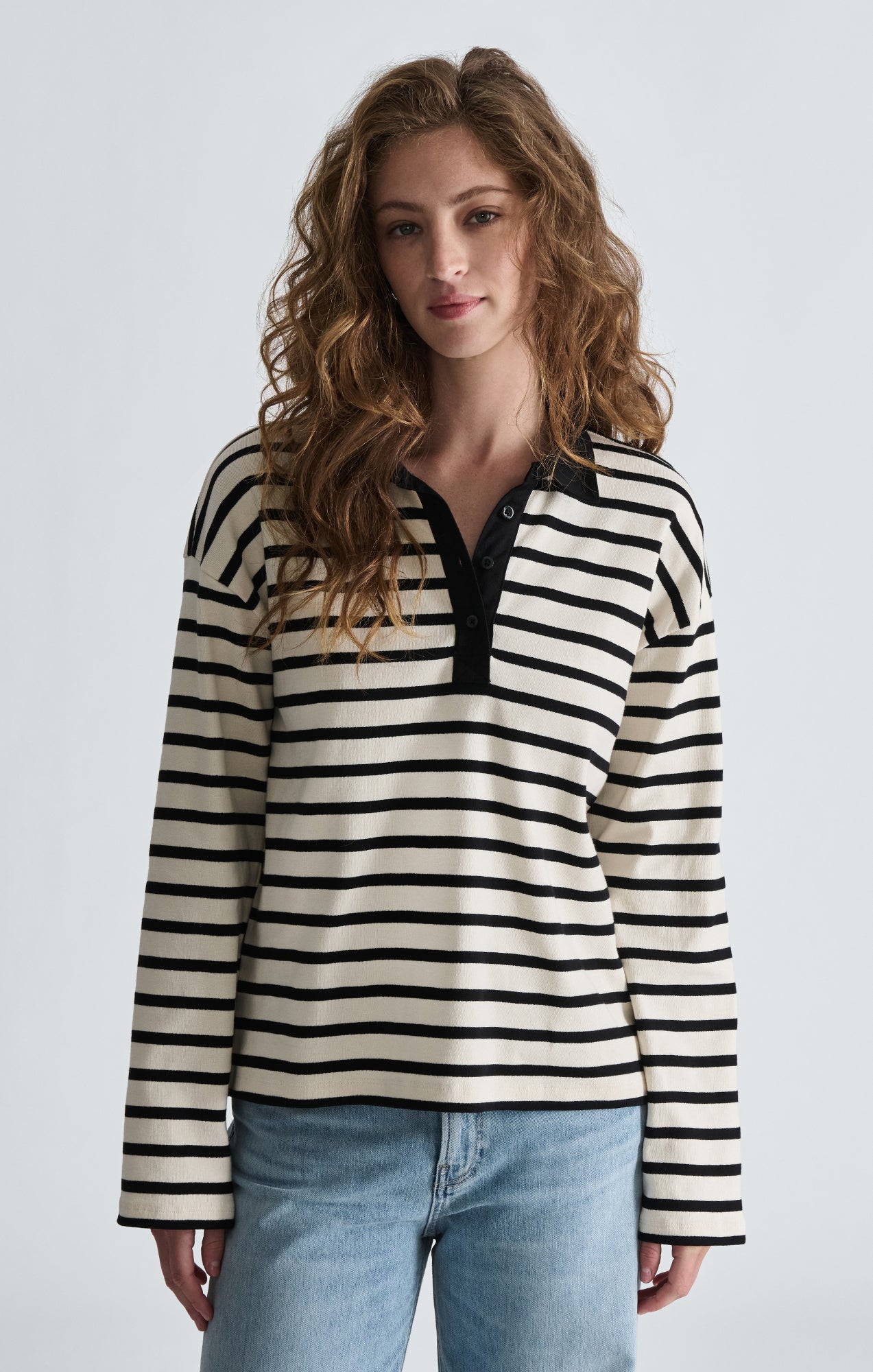 LONG SLEEVE POLO NECK JERSEY IN BLACK WHITE STRIPED