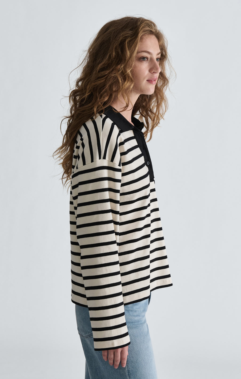LONG SLEEVE POLO NECK JERSEY IN BLACK WHITE STRIPED