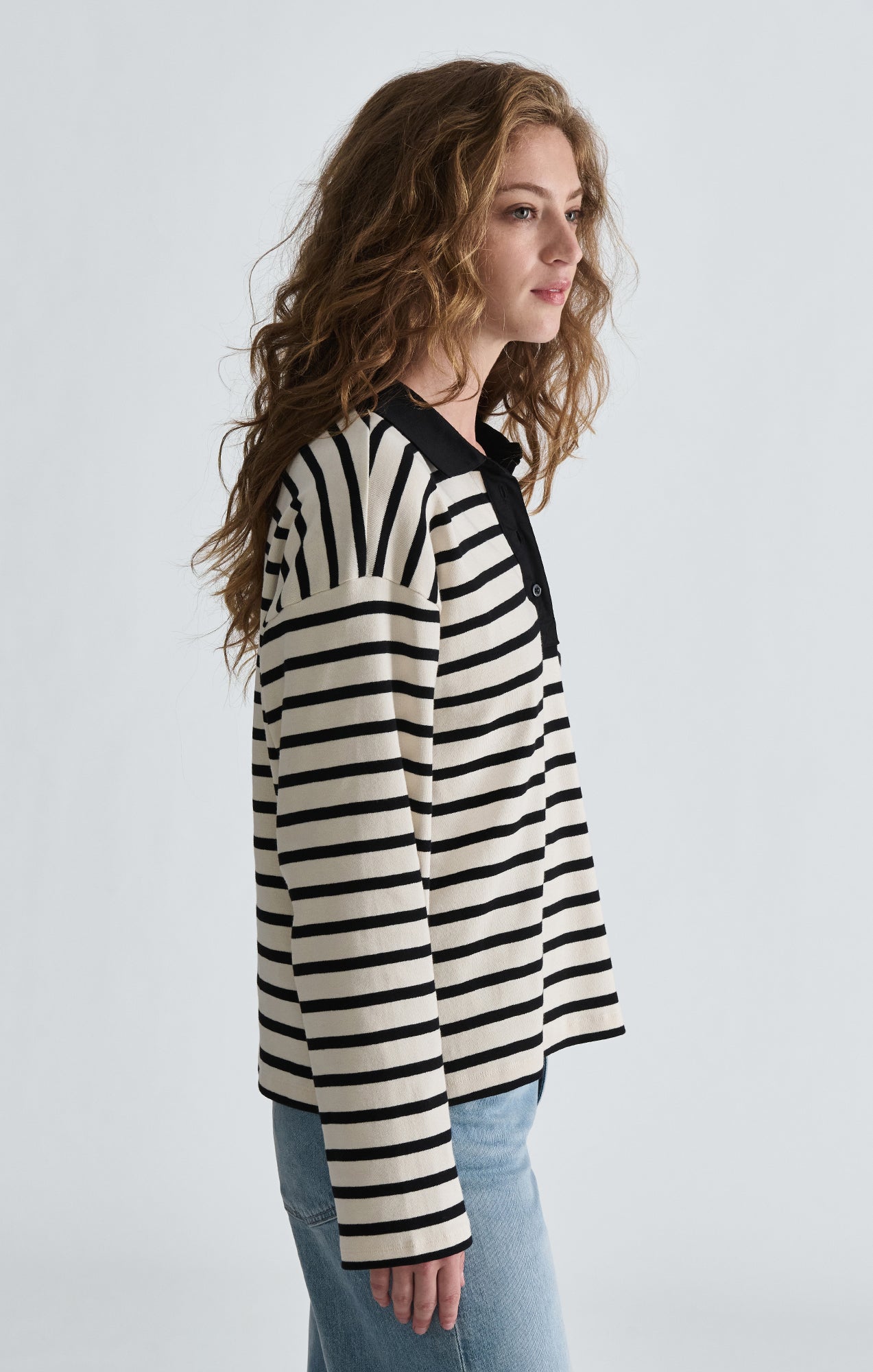 LONG SLEEVE POLO NECK JERSEY IN BLACK WHITE STRIPED