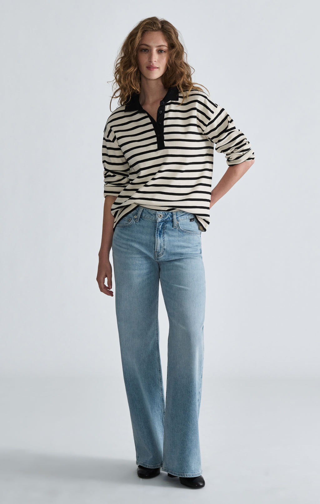LONG SLEEVE POLO NECK JERSEY IN BLACK WHITE STRIPED