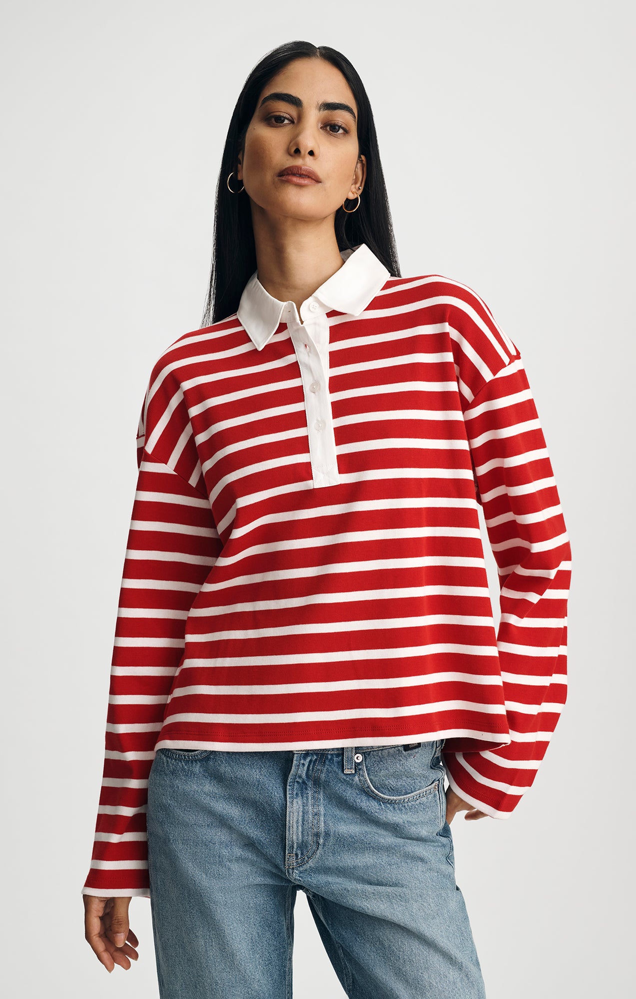 LONG SLEEVE POLO NECK JERSEY IN EQUESTRIAN RED STRIPE