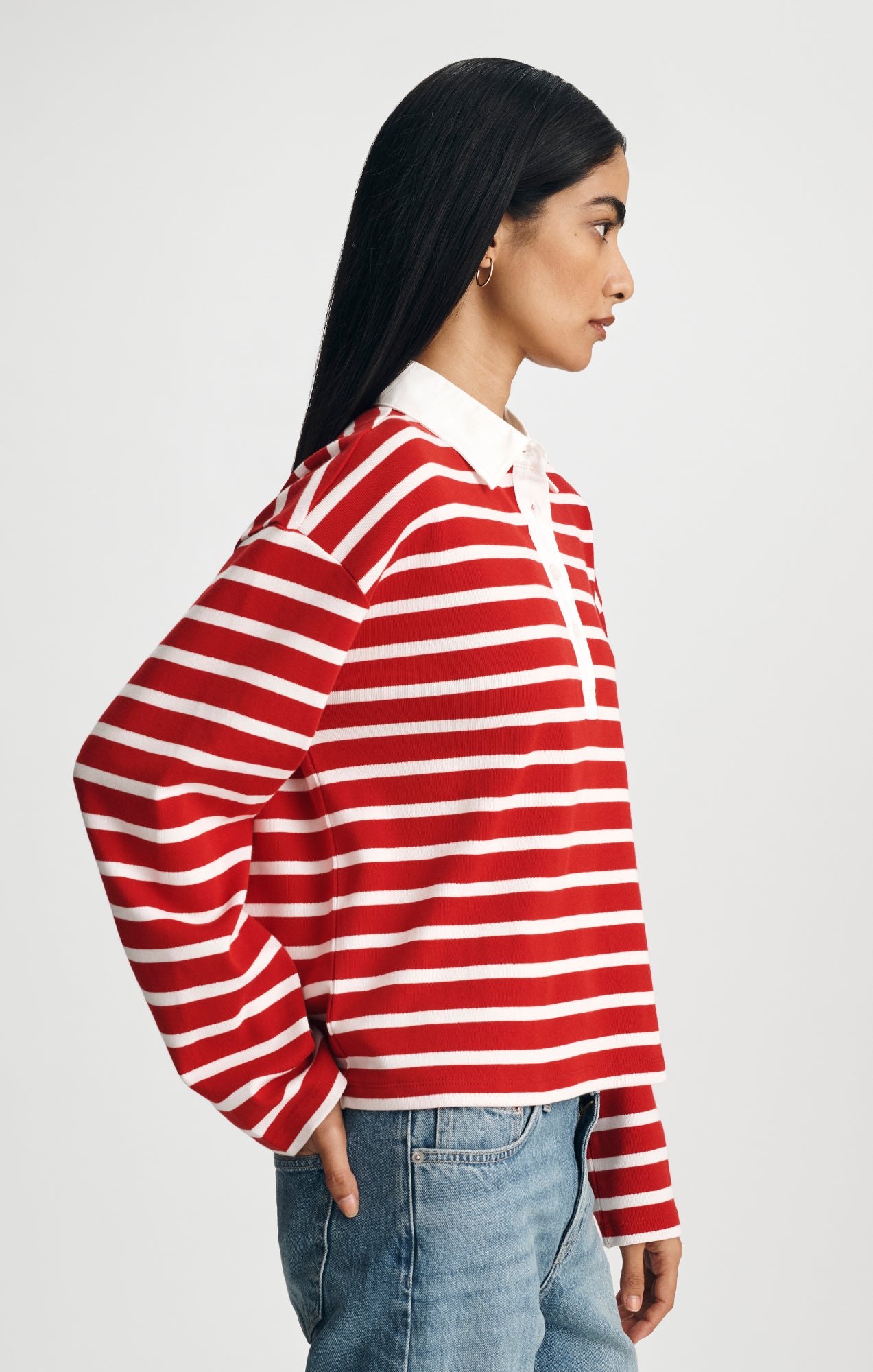 LONG SLEEVE POLO NECK JERSEY IN EQUESTRIAN RED STRIPE