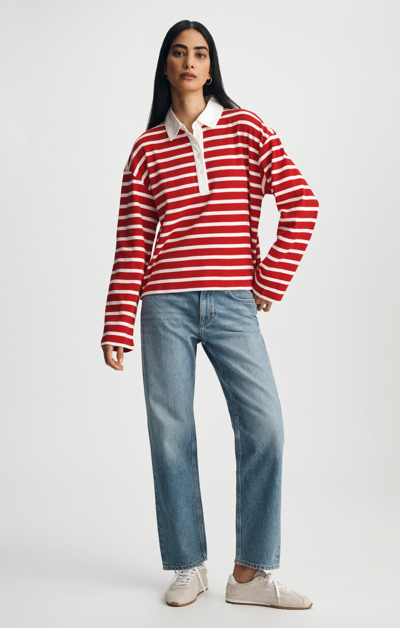 LONG SLEEVE POLO NECK JERSEY IN EQUESTRIAN RED STRIPE