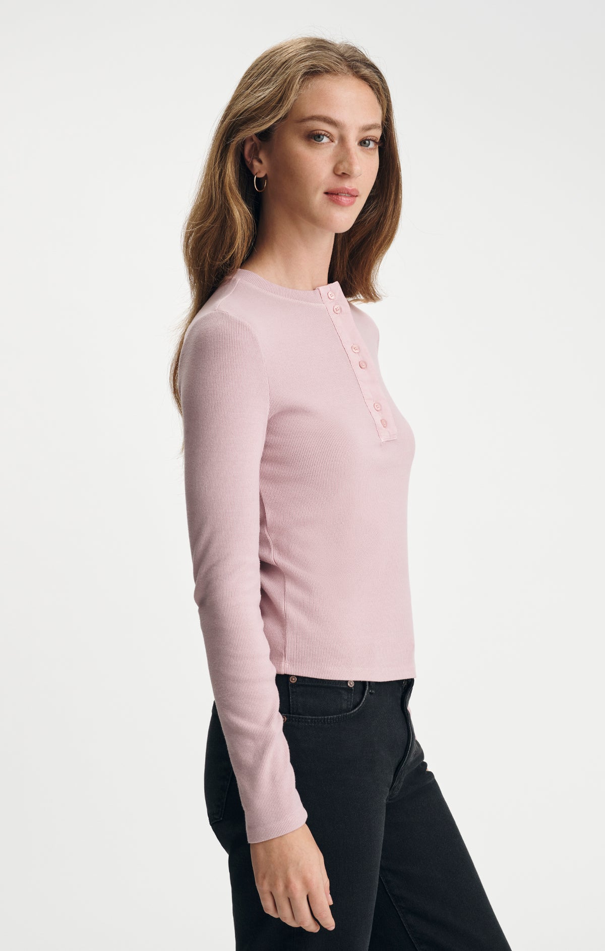 RIBBED LONG SLEEVE HENLEY T-SHIRT IN KEEPSAKE LILAC - Mavi Jeans